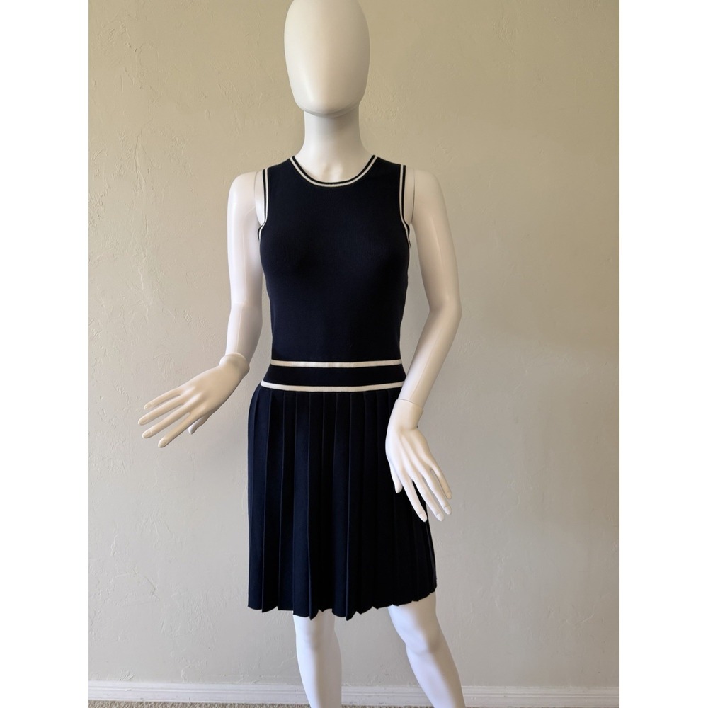 Abercrombie & Fitch Knit Fit & Flare Dress Sleeveless Pleated Navy White size ST